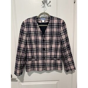 Vintage Pendleton Wool Blazer Shoulder Pad Pink/Blue Plaid Jacket- Size 12 Petit